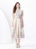 V-NECK LANTERN SLEEVE RETRO PRINT DRESS