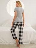 FASHION PLAID HEART-SHAPED SHORT-SLEEVED PAJAMAS SUIT