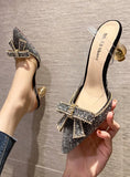 POINTED BOW RHINESTONE HIGH-HEELED SANDALS