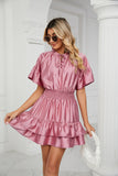 SATIN SOLID COLOR LOOSE V-NECK LOTUS LEAF DRESS
