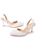 POINTED WHITE PEARL STILETTO HEELS SANDALS