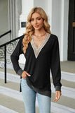 V-NECK CONTRAST SPLIT LOOSE LONG SLEEVE T-SHIRT