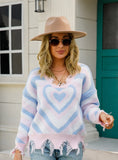 Pullover Love V-neck Cut Fringed Long Sleeve Sweater