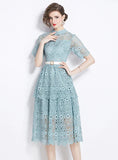 SHORT-SLEEVED LACE MEDIUM-LONG DRESS