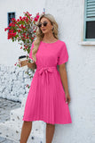 SOLID COLOR PLEATED LOOSE SHORT SLEEVE DRESS