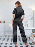 FASHION PLAID TOP SHORT SLEEVE TROUSERS PAJAMAS SUIT