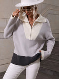 CLASSY PULLOVER COLOR MATCHING LONG SLEEVE ZIPPER SWEATER