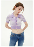 Flower Button Lapel Plaid Short Sleeve Sweater
