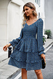 HOLIDAY LEISURE FLORAL V-NECK LONG SLEEVE DRESS
