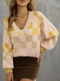 V-neck Check Contrast Pullover Sweater