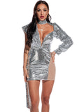 MESH STITCHING SEQUINED HIGH NECK DRESS