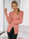 FASHION SOLID COLOR V-NECK PULLOVER CROSS SWEATER