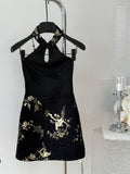 Black Hollow Print Short Mini Cocktail Dress