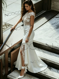 Sheath Column Tulle Scoop Lace Wedding Dress With Slit