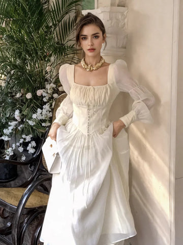 Dramatic Sleeves Vintage-Inspired Cream Dress