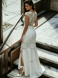 Sheath Column Tulle Scoop Lace Wedding Dress With Slit