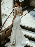 Sheath Column Tulle Scoop Lace Wedding Dress With Slit