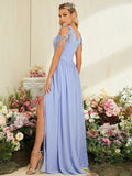 Blue Cap Sleeve Chiffon Tassel Prom Dress With Slit