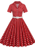 Polk stitching belt short sleeve dress