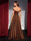 Off The Shoulder Brown A Line Prom Dress With Slit