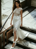 Sheath Column Tulle Scoop Lace Wedding Dress With Slit