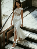Sheath Column Tulle Scoop Lace Wedding Dress With Slit