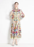 RETRO PALACE STYLE LAPEL LONG SLEEVE PRINTED DRESS