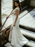 Sheath Column Tulle Scoop Lace Wedding Dress With Slit