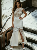 Sheath Column Tulle Scoop Lace Wedding Dress With Slit