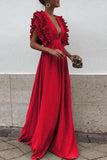 V Neck Long Ruffles High Waist Party Dress