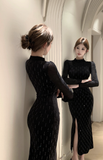 Elegant Black Velvet Gown with Sheer Long Sleeves
