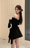 Stylish Long - Sleeve Mini Dress with Off - the - Shoulder Design