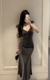 Elegant Charcoal Velvet Maxi Dress with Furry Straps
