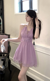 Charming Lilac Halter Mini Dress with Embellished Waist
