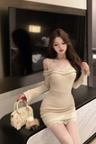 Stylish Beige Mini Dress with Lace Detail and Fur Accents
