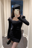 Elegant Long - Sleeve Black Mini Dress with Choker Neckline