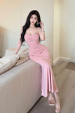 Elegant Pink Spaghetti - Strap Mermaid Dress with Rhinestones