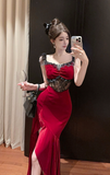 Stylish Sleeveless Dress with Floral Lace and High - Slit