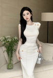 Elegant White Sleeveless Knit Set with Gold Buttons