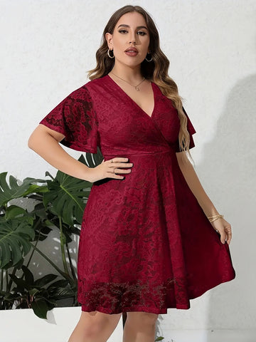 Plus Size Burgundy Lace V Neck Ruffle Hem Midi Dress