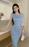 Elegant White Sleeveless Knit Set with Gold Buttons