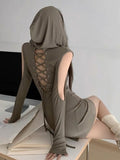 Lace-Up Back Cutouts Hooded Mini Dress