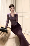 Stylish Long - Sleeved Ivory Gown with Delicate Lace Design