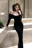 Elegant Black Off - Shoulder Velvet Gown with Lace Trim