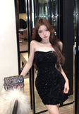 Glamorous Strapless Black Sequin Mini Dress for Parties