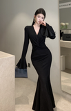 Elegant Black Mermaid Gown with Bell - Shaped Sleeves