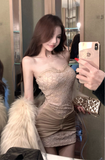 Elegant Strapless Beige Lace Bodycon Mini Dress