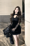 Elegant Pink Velvet Dress with Sheer Lace Yoke