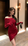 Elegant Off - Shoulder Red Velvet Dress with Rose Choker