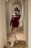 Stylish Long - Sleeve Wine Red Dress with Lace Hem